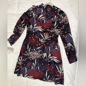 Ann Taylor Navy Long-Sleeve Floral Dress with Red and Cream Accents